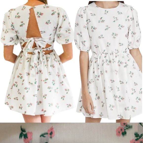 Sister Jane White Floral Embroidered Backless Baby Doll Mini Puff Sleeve Dress - Picture 3 of 17